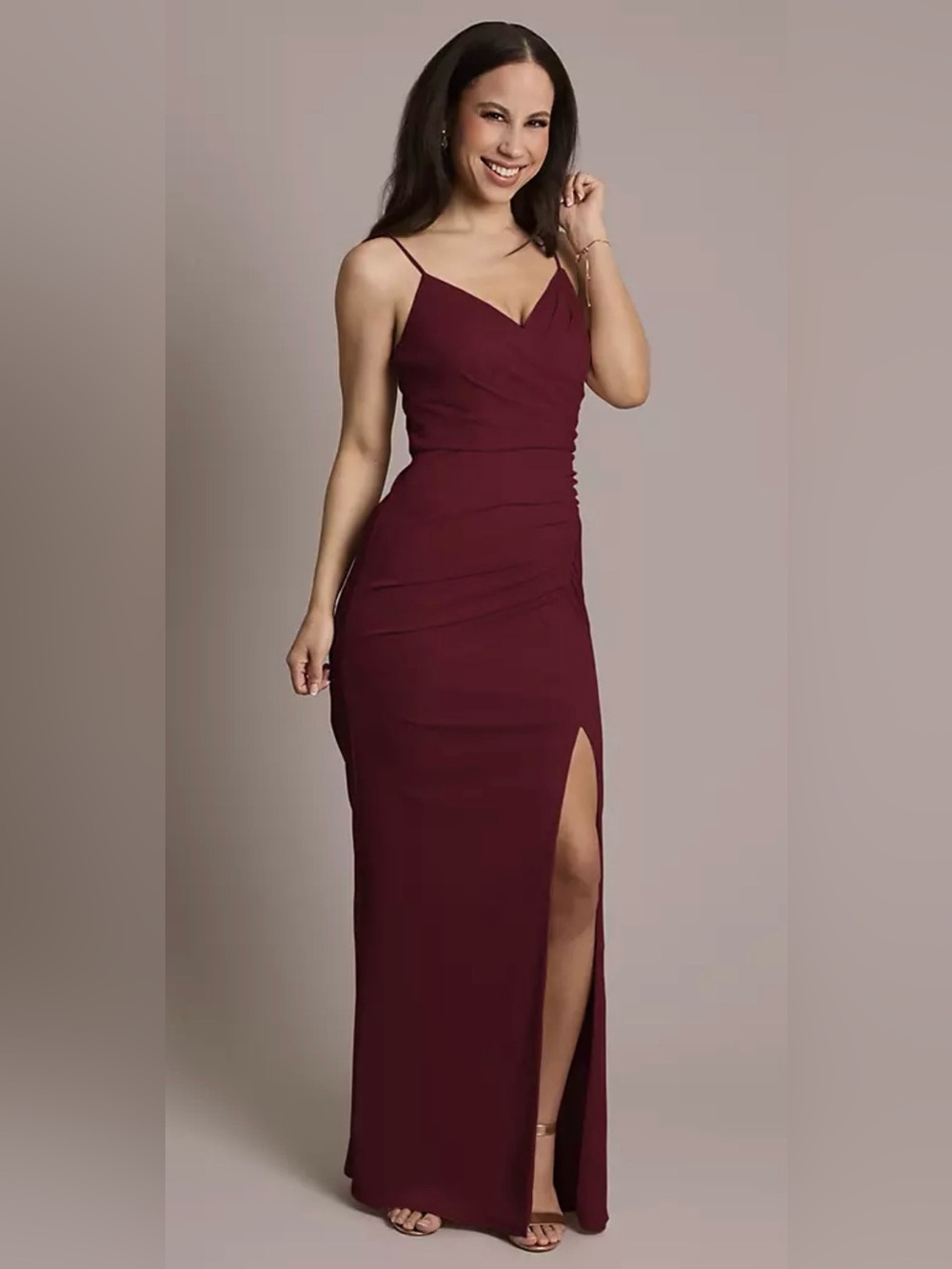 David’s Bridal Women’s Burgundy Spaghetti Strap Maxi Dress with Side Slit